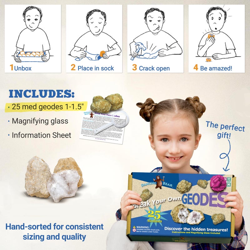 DANCING BEAR 25 Break Your Own Geodes, (Medium 1-1.5") 90% Hollow, Crack Open & Discover Amazing Surprise Crystals Inside! Educational Info and Instructions Included, Fun Party Favors & Prizes - Image 2